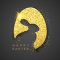 Easter black background with realistic golden egg, confetti, bunny silhouette and text. Vector illustration greeting Royalty Free Stock Photo