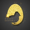 Easter black background with realistic golden egg, confetti, chick silhouette and text. Vector illustration greeting Royalty Free Stock Photo