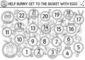 Easter black and white dice board game for children with cute bunny and basket with eggs. Outline holiday boardgame with