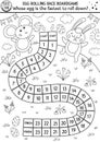 Easter black and white egg rolling race board game for children with cute bunny. Outline holiday dice boardgame with eggs.