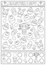 Easter black and white I spy game for kids. Searching and counting activity with cute kawaii holiday symbols. Spring printable