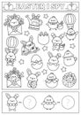 Easter black and white I spy game for kids. Searching and counting activity with cute kawaii holiday symbols. Spring printable