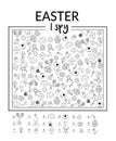 Easter black and white I spy game for kids. Searching and counting activity. Spring printable worksheet.