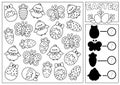 Easter black and white I spy and shadow match game for kids. Searching and counting activity with cute kawaii spring holiday