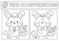 Easter black and white kawaii find differences game. Coloring page with cute bunny going on egg hunt with basket. Spring holiday