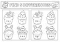 Easter black and white kawaii find differences game. Coloring page with cute cupcakes with carrot, flower, eggs. Spring holiday