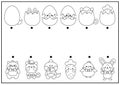 Easter black and white matching activity for children with kawaii animals hiding in eggs. Fun spring holiday puzzle with cute Royalty Free Stock Photo
