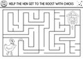 Easter black and white maze for children. Holiday preschool printable educational activity. Outline spring garden or farm game or