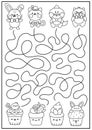 Easter black and white maze for kids. Spring holiday preschool printable activity with kawaii animals and cupcakes with eggs,