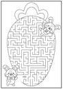 Easter black and white maze for kids. Spring holiday preschool printable activity with kawaii bunny eating big carrot. Geometrical