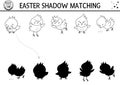 Easter black and white shadow matching activity for children with chickens. Outline spring puzzle with cute farm birds. Holiday