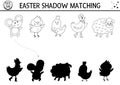 Easter black and white shadow matching activity for children. Outline spring puzzle with cute farm animals. Holiday celebration