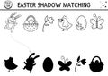 Easter black and white shadow matching activity for children. Outline spring puzzle with cute holiday symbols. Educational game