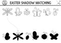 Easter black and white shadow matching activity for children. Outline spring puzzle with cute insects. Holiday celebration