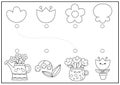 Easter black and white shape recognition activity. Spring holiday matching puzzle with cute kawaii flowers. Find correct