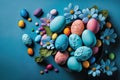 Easter Bliss: A Vibrant Display of Easter Eggs on a Blue Table