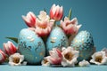 Easter Bliss: Vibrant Eggs and Tulips on a Serene Blue Background