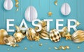 Easter blue background with realistic decorated golden eggs, ribbons, stars, balls and text. Decorations hanging in the Royalty Free Stock Photo