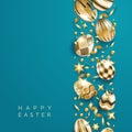 Easter blue background with realistic decorated golden eggs, ribbons, stars, balls and text. Minimalistic design Royalty Free Stock Photo