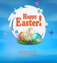 Easter blue composition, round white abstract frame, patterned eggs, flowers and grass