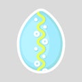 Easter blue egg icon isolated on a gray background with colored contrasting ornament of smooth zig zag line and points.