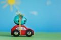 Easter blue egg on red car. Holiday easter concept Royalty Free Stock Photo