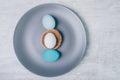 Easter blue eggs on grey plate and white easter egg in nest on a grey table, rustic style. Top view Royalty Free Stock Photo