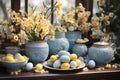 Easter blue yellow decor with painted blue and yellow eggs in interior Royalty Free Stock Photo