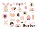 Easter boho design with cute bunny, flowers, eggs, rainbows, basket, carrot and butterfly in pastel colors