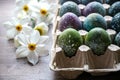 Easter. Boiled Easter eggs painted in the style of cosmos and a distant galaxy,