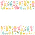 Easter border with bunny, eggs, rainbow, flowers Royalty Free Stock Photo