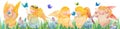 Easter border, hand drawn watercolor angels, rabbits, butterflies on the green grass. Royalty Free Stock Photo