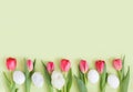 Easter border with pink tulips, white eggs and a rabbit on a green background. Beautiful Easter composition. Space for text. Top Royalty Free Stock Photo