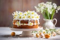 Easter bread cake decorated with spring flowers on morning table with easter eggs.