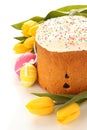 Easter bread, colorful eggs and yellow tulips on white background Royalty Free Stock Photo