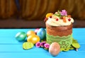 Easter bread with eggs and decor on a wooden table. Easter cake