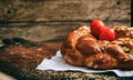 Easter bread and eggs on a table - copy space