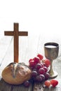 Easter bread wine and cross on vintage old wooden background Royalty Free Stock Photo