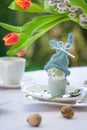 Easter breakfast with eggs and dekoration on a white table Royalty Free Stock Photo