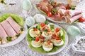 Easter breakfast with eggs stuffed with salad Royalty Free Stock Photo