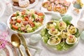 Easter breakfast with fresh salad and stuffed eggs with mayonnaise Royalty Free Stock Photo