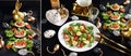 Collage of Easter breakfast with fresh salad and stuffed egg halves on black table Royalty Free Stock Photo