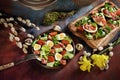 Easter breakfast with fresh salad and eggs on grunge background Royalty Free Stock Photo