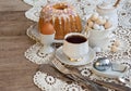 Easter breakfast, high tea, table setting for a festive dinners, knitted tablecloth Royalty Free Stock Photo