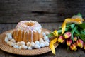 Easter breakfast, high tea, table setting for a festive dinners, knitted tablecloth Royalty Free Stock Photo