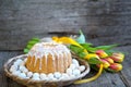 Easter breakfast, high tea, table setting for a festive dinners, knitted tablecloth Royalty Free Stock Photo