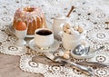 Easter breakfast, high tea, table setting for a festive dinners, knitted tablecloth Royalty Free Stock Photo