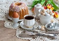 Easter breakfast, high tea, table setting for a festive dinners, knitted tablecloth Royalty Free Stock Photo