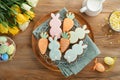 Easter breakfast Holliday concept. Easter gingerbread shape of bunny and carrot with cinnamon with colored glaze, easter