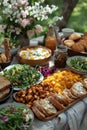 Easter breakfast in a picturesque garden setting. The picnic blanket features eggs, fresh bread, fresh salads and other snacks Royalty Free Stock Photo